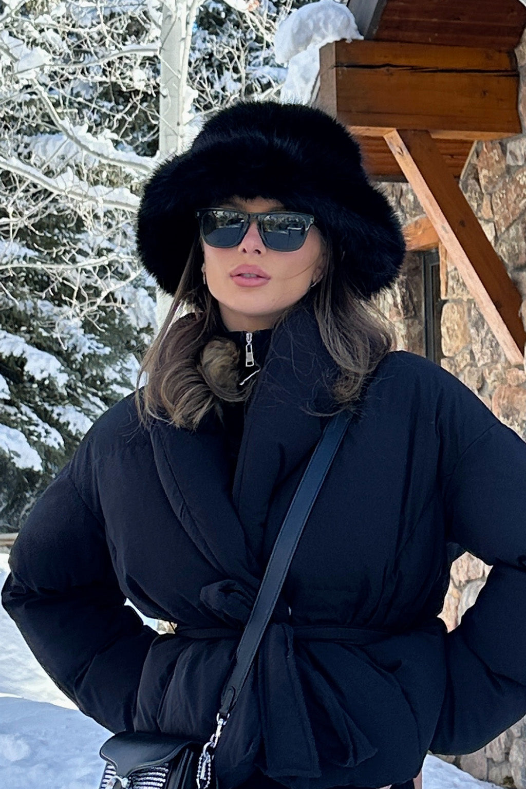 Bucket Down Black Faux Fur Hat