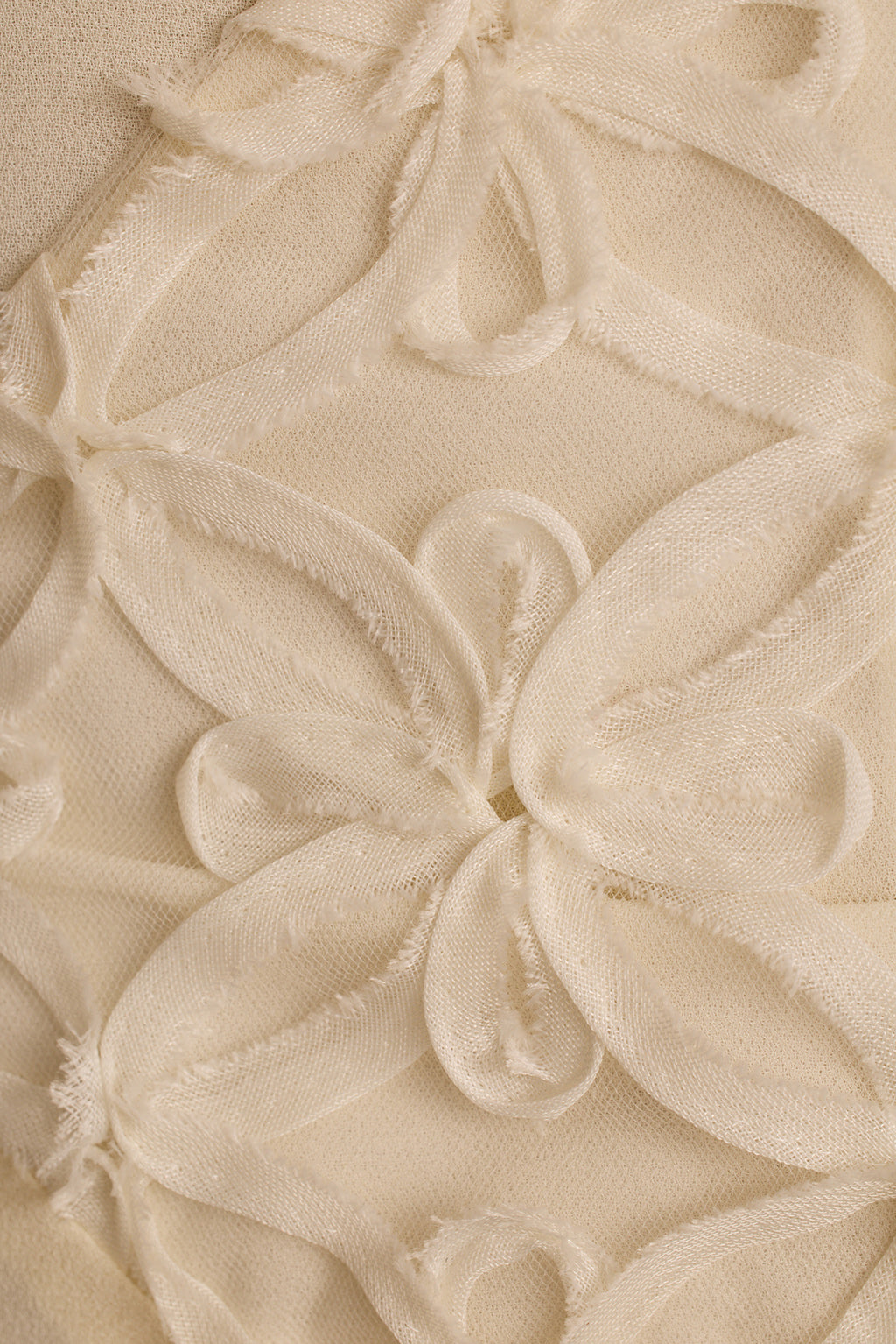 Close-up of cream chiffon maxi dress with raised floral embroidery and frayed petals.