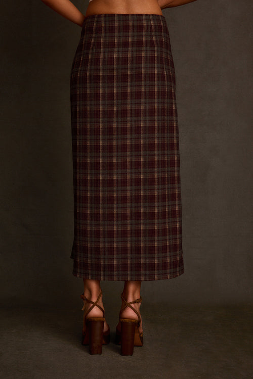 Plaid skirt full body front view showing A-line silhouette and thigh-high slit