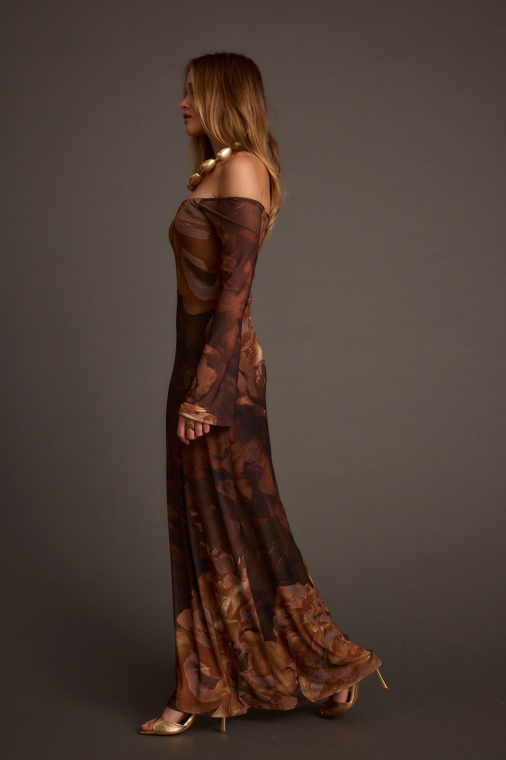 Merritt Mocha Floral Mesh Maxi Dress