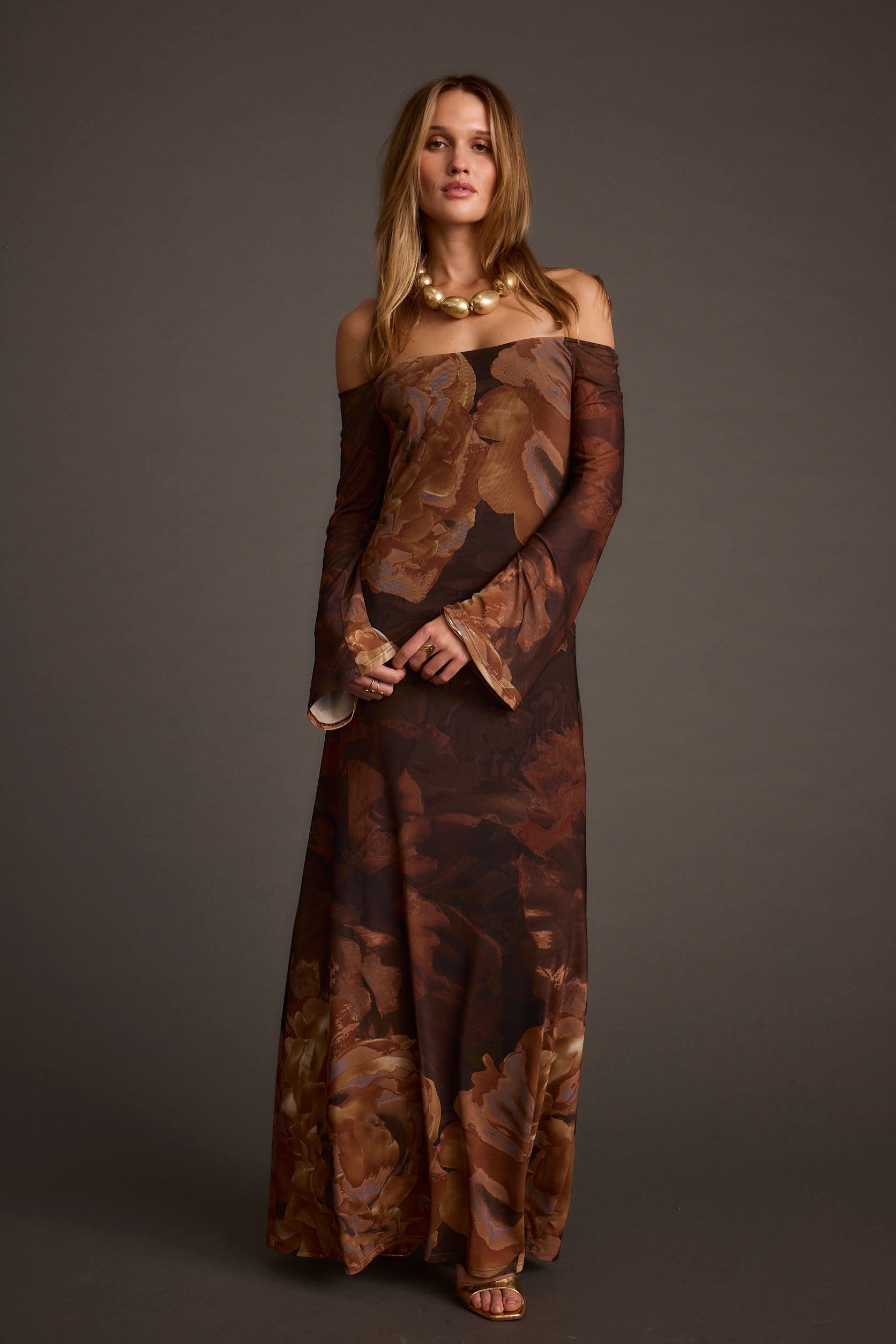 Merritt Mocha Floral Mesh Maxi Dress