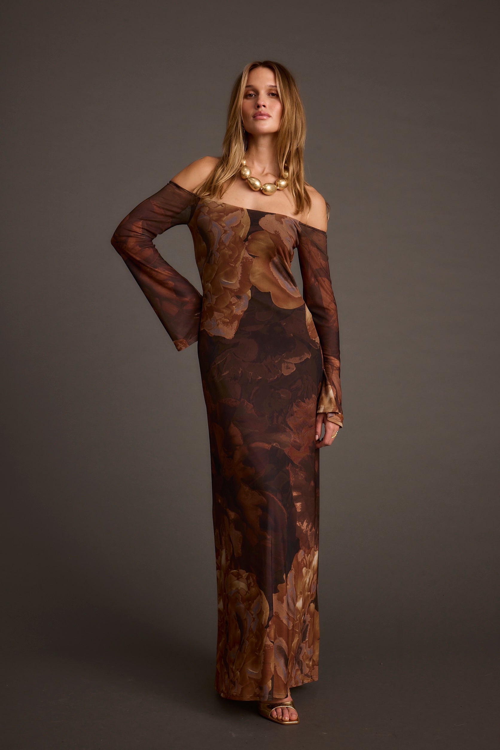Merritt Mocha Floral Mesh Maxi Dress