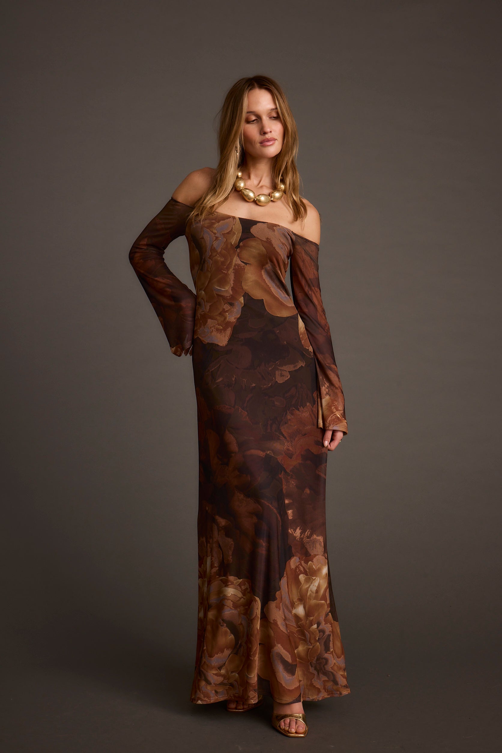 Merritt Mocha Floral Mesh Maxi Dress