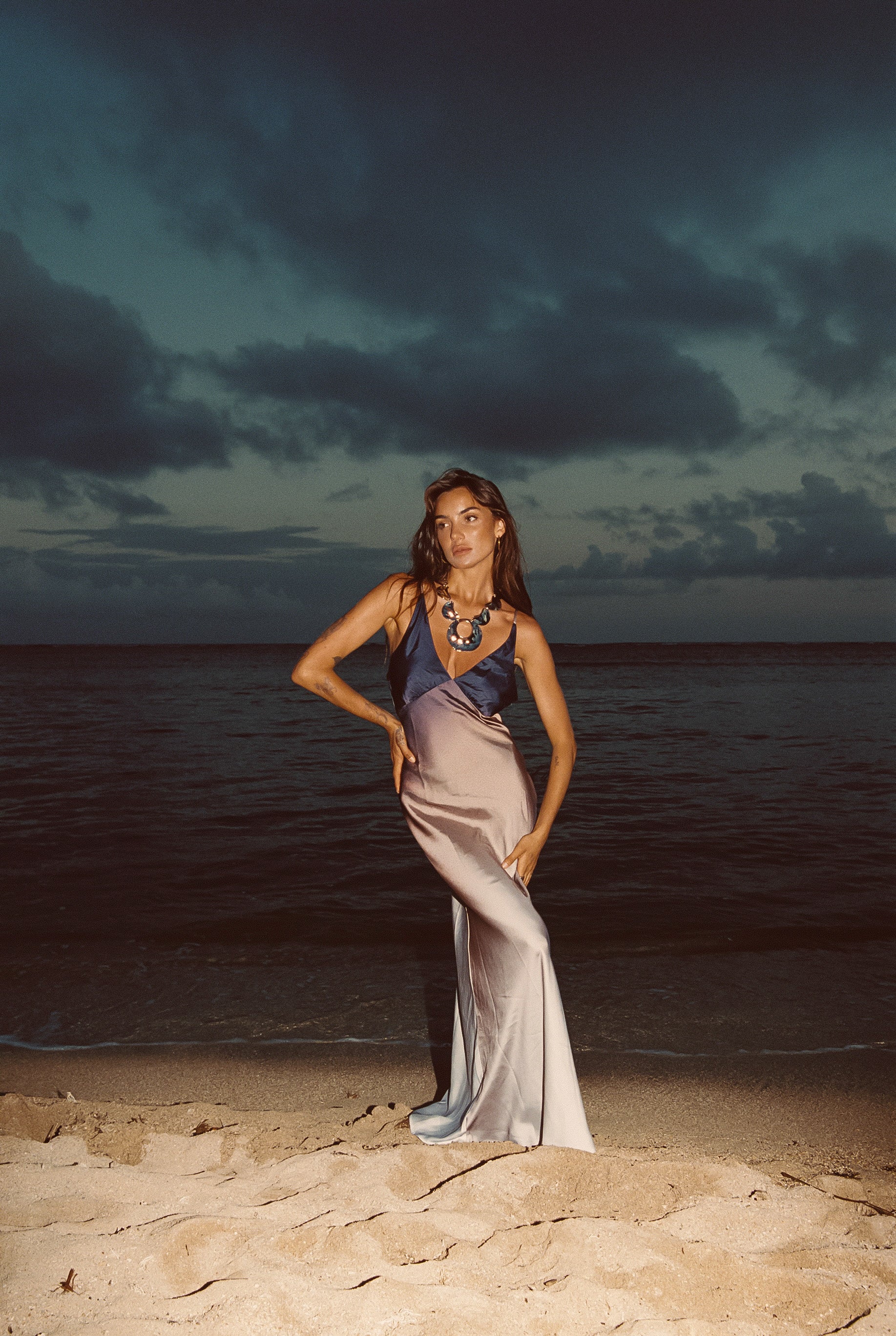 Mirabella Brown Satin Ombre Maxi Dress styled in a complete look from an alternate angle.