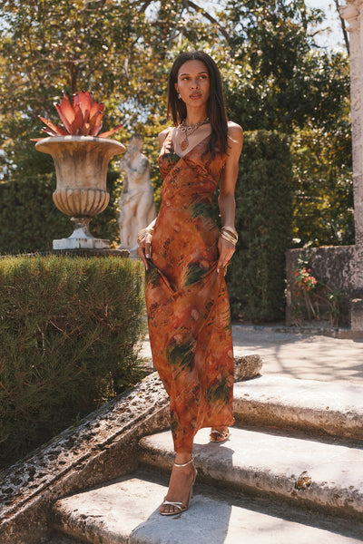 Mirabella Rust Printed Satin Maxi Dress - M Size - Women's Dresses