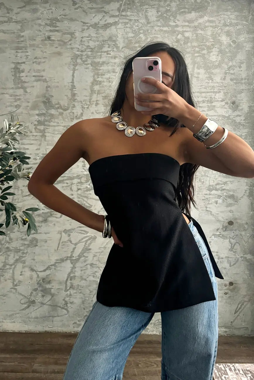 Montague Black Tailored Strapless Longline Top