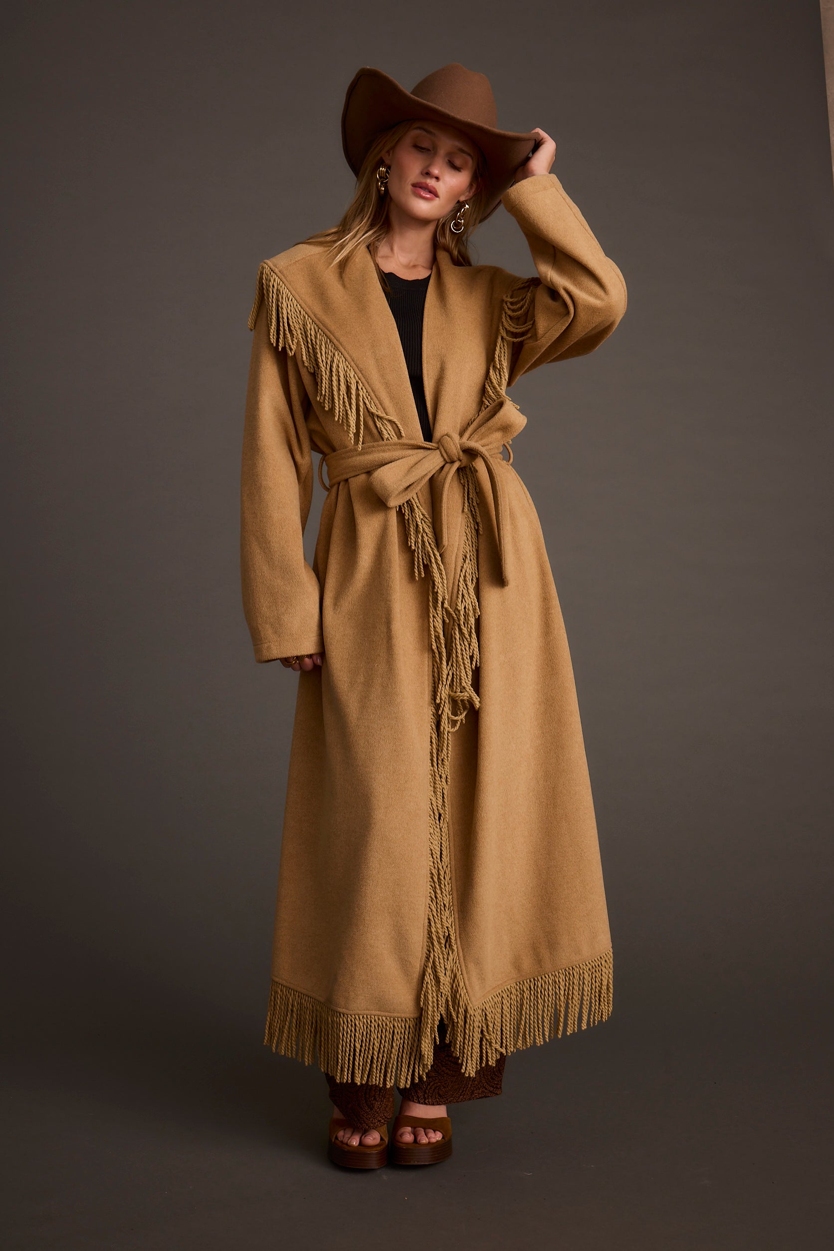 Montrose Camel Fringe Coat