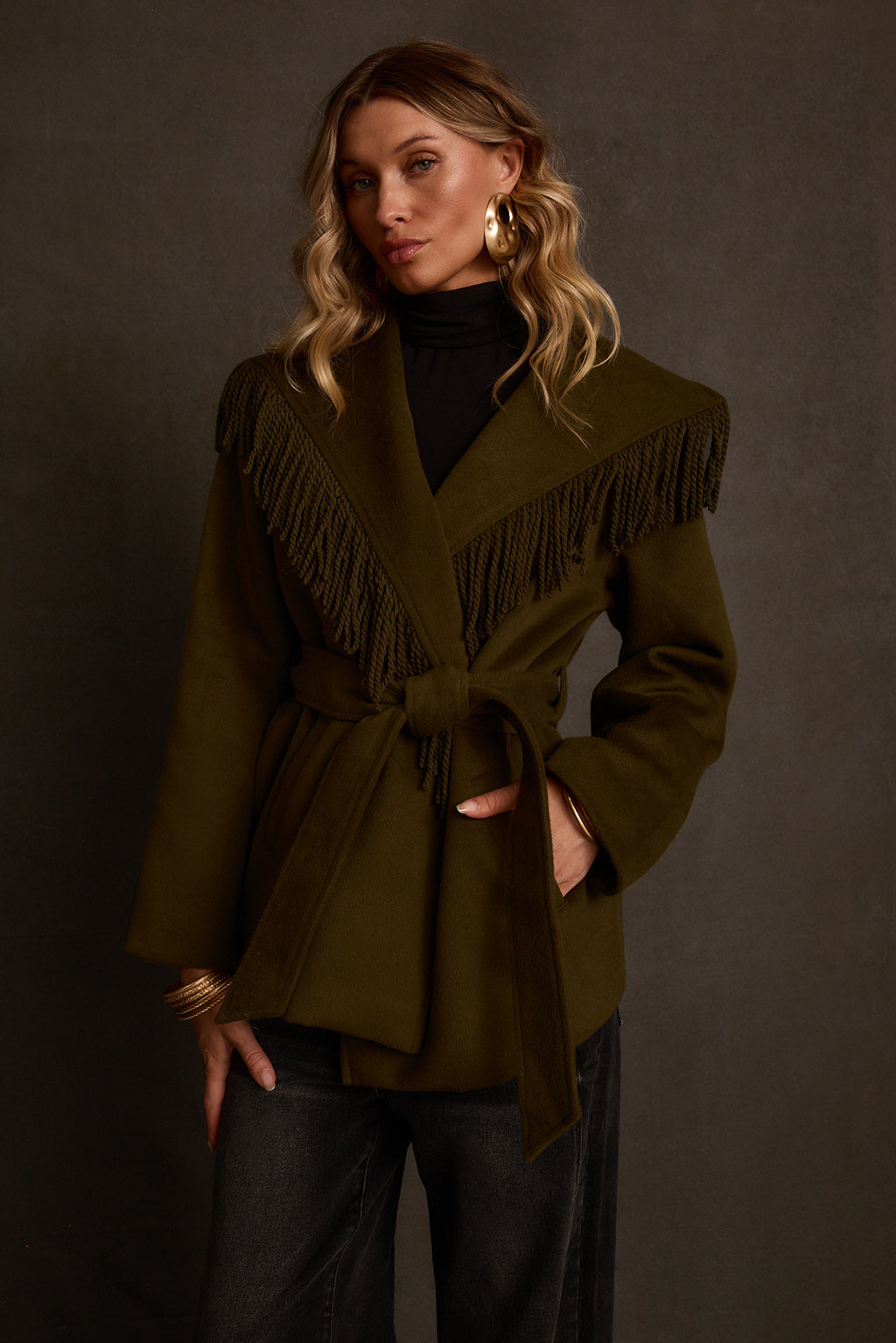 Women's fall coat outdoor full body styled over mesh maxi dress with pointed boots