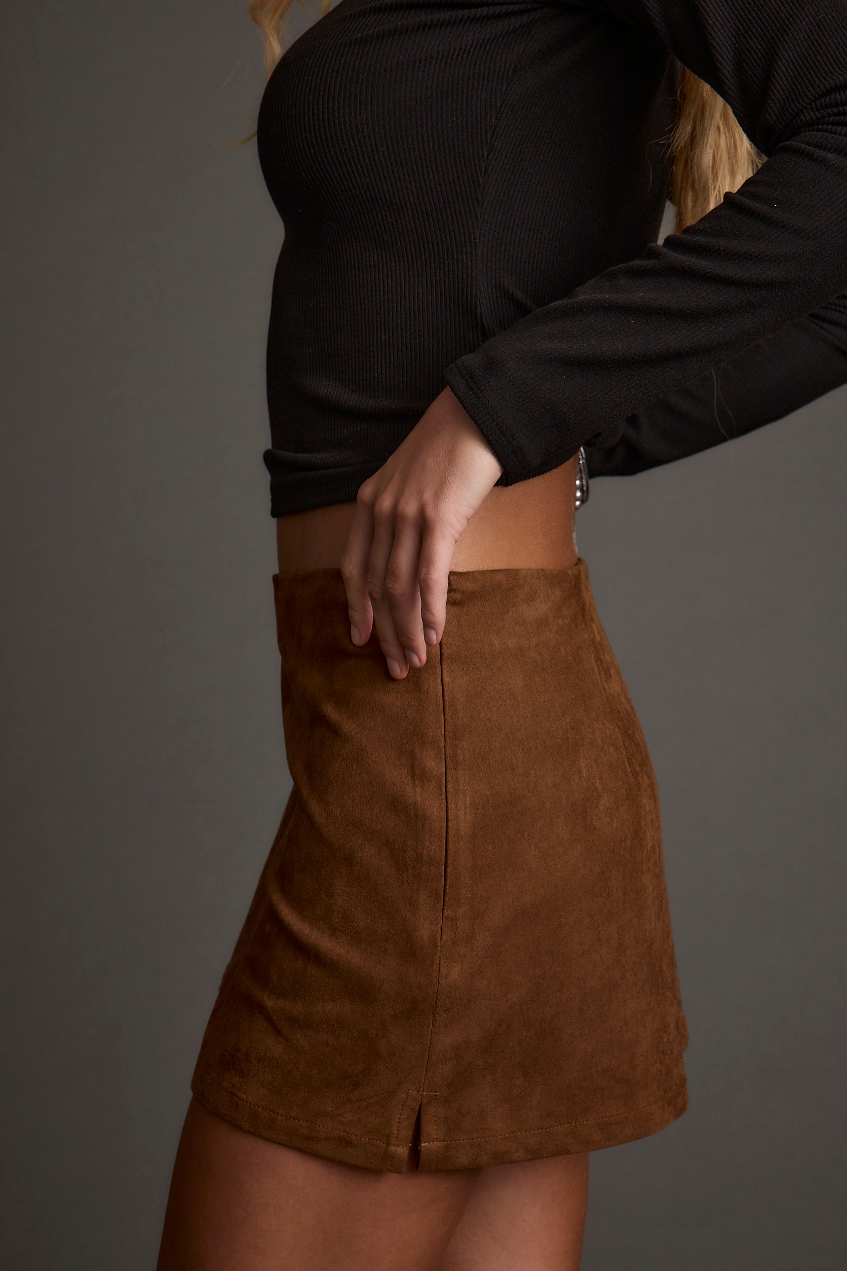 Moxie Cognac Vegan Suede Mini Skirt