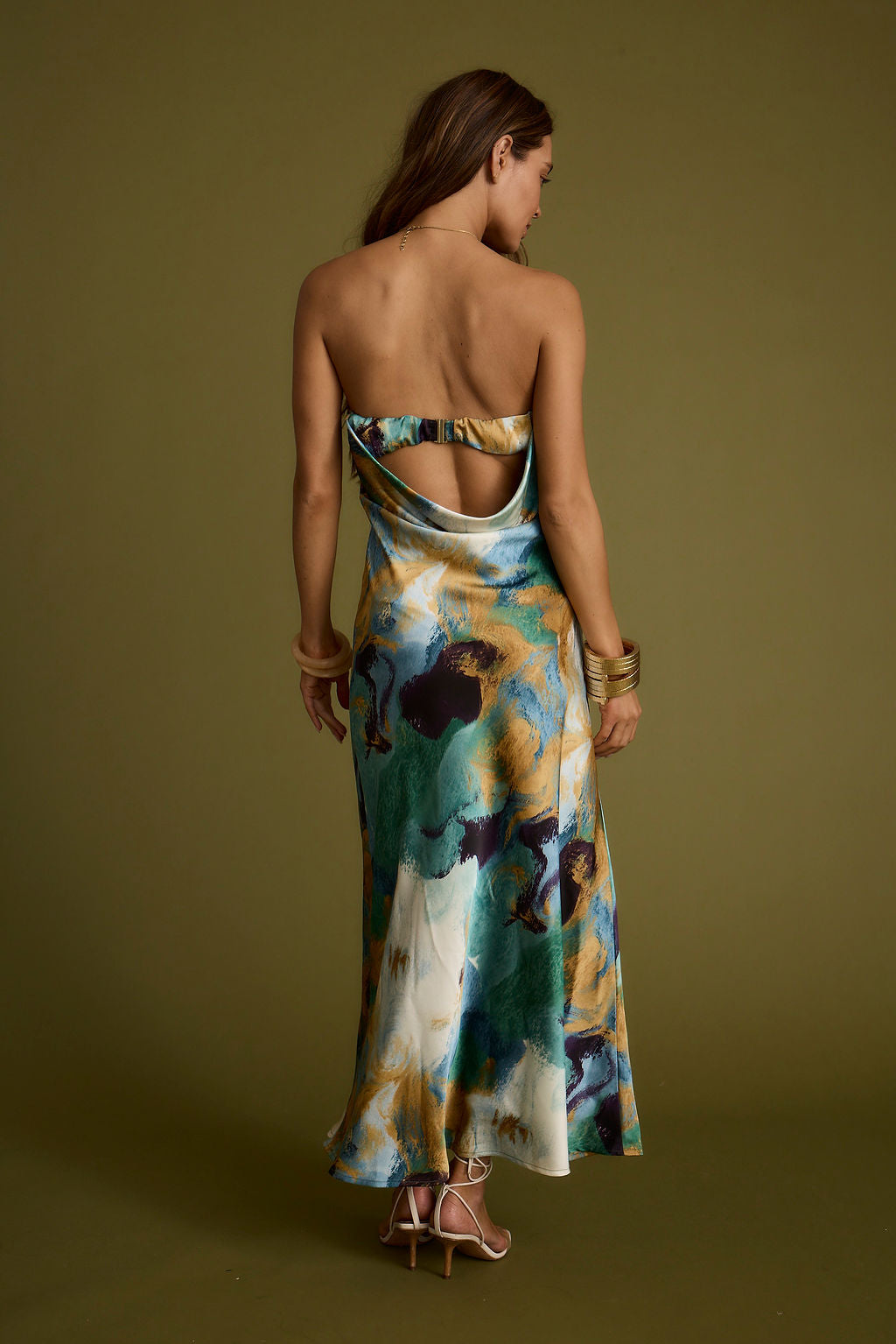 Natalia Blue and Gold Watercolor Strapless Maxi Dress - S Size - Women's Dresses