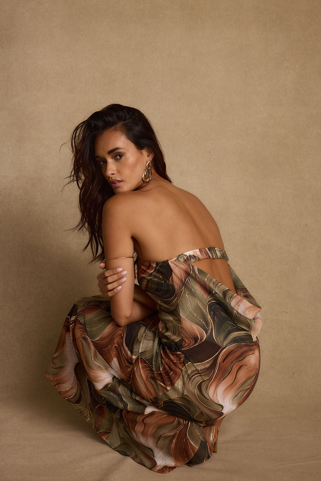 Natalia Olive and Rust Abstract Strapless Maxi Dress