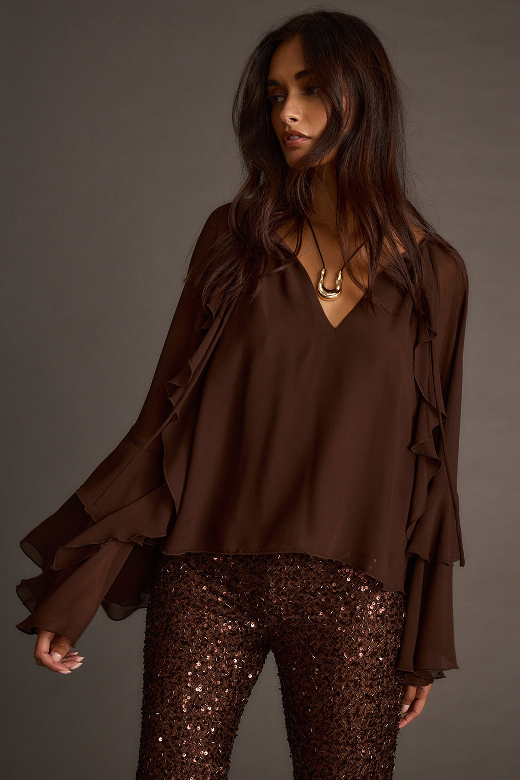Nina Espresso Ruffle Blouse