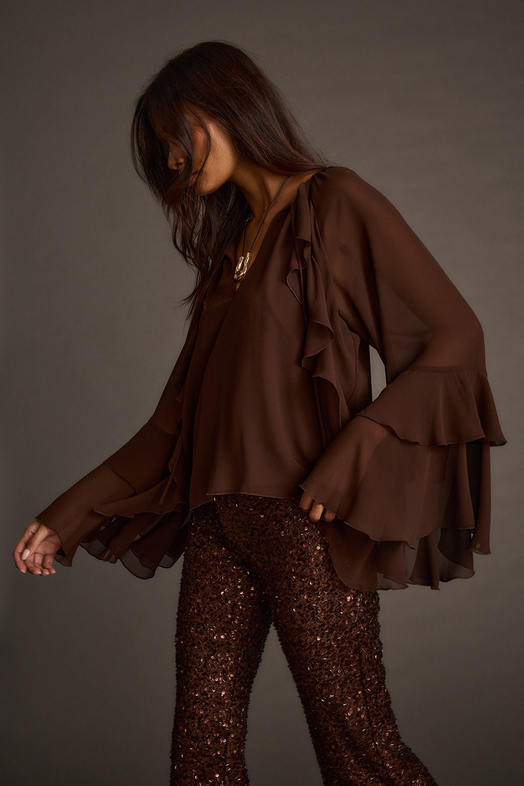 Nina Espresso Ruffle Blouse