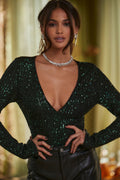 Emerald sequin bodysuit with refined accents, a long sleeve sequin top essential.