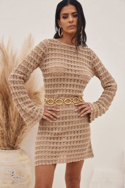 Nuvola Tan Crochet Mini Dress