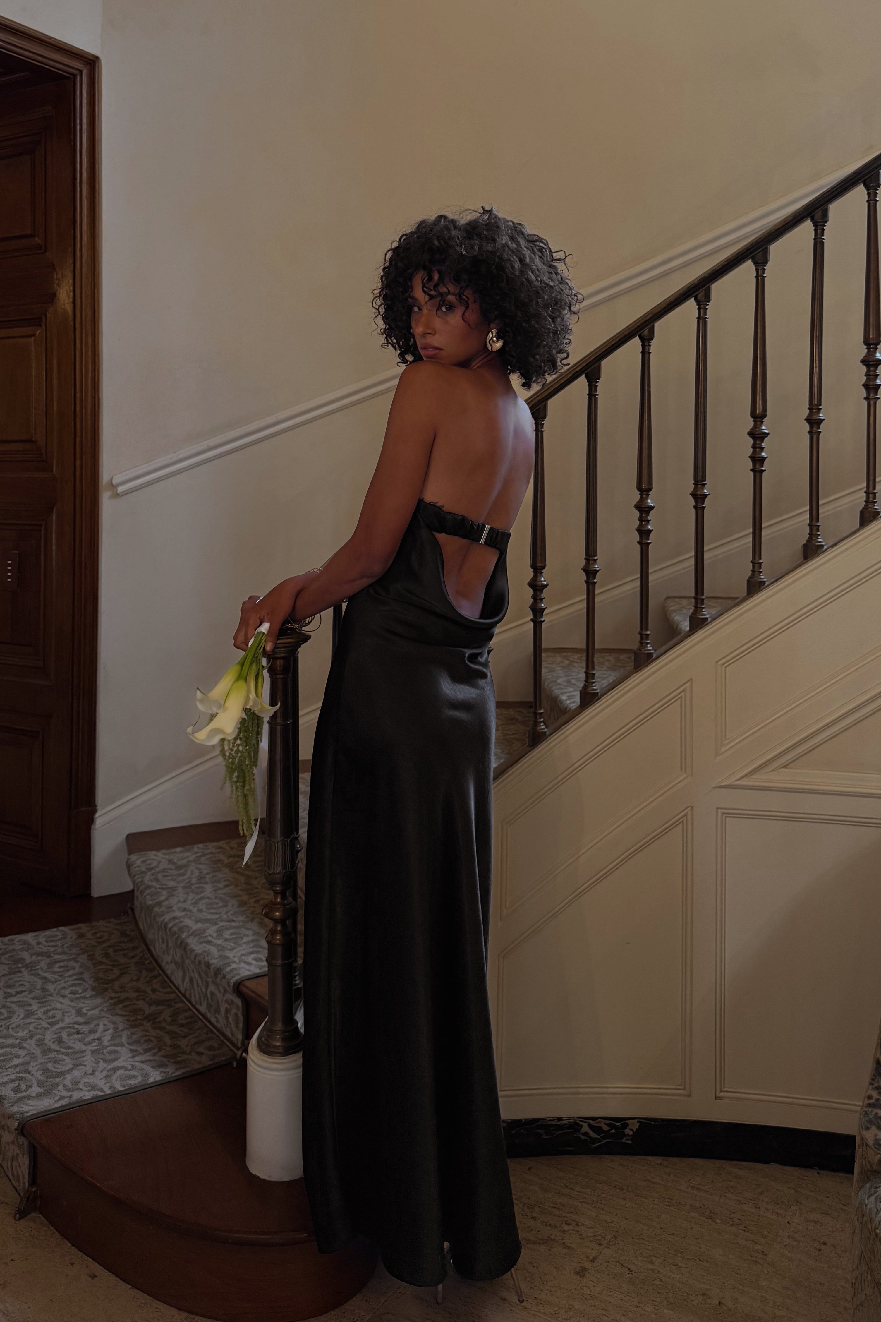 Natalia Black Strapless Satin Maxi Dress