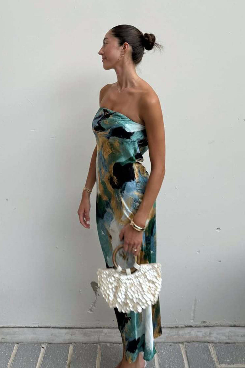 Natalia Blue and Gold Watercolor Strapless Maxi Dress - S Size - Women's Dresses