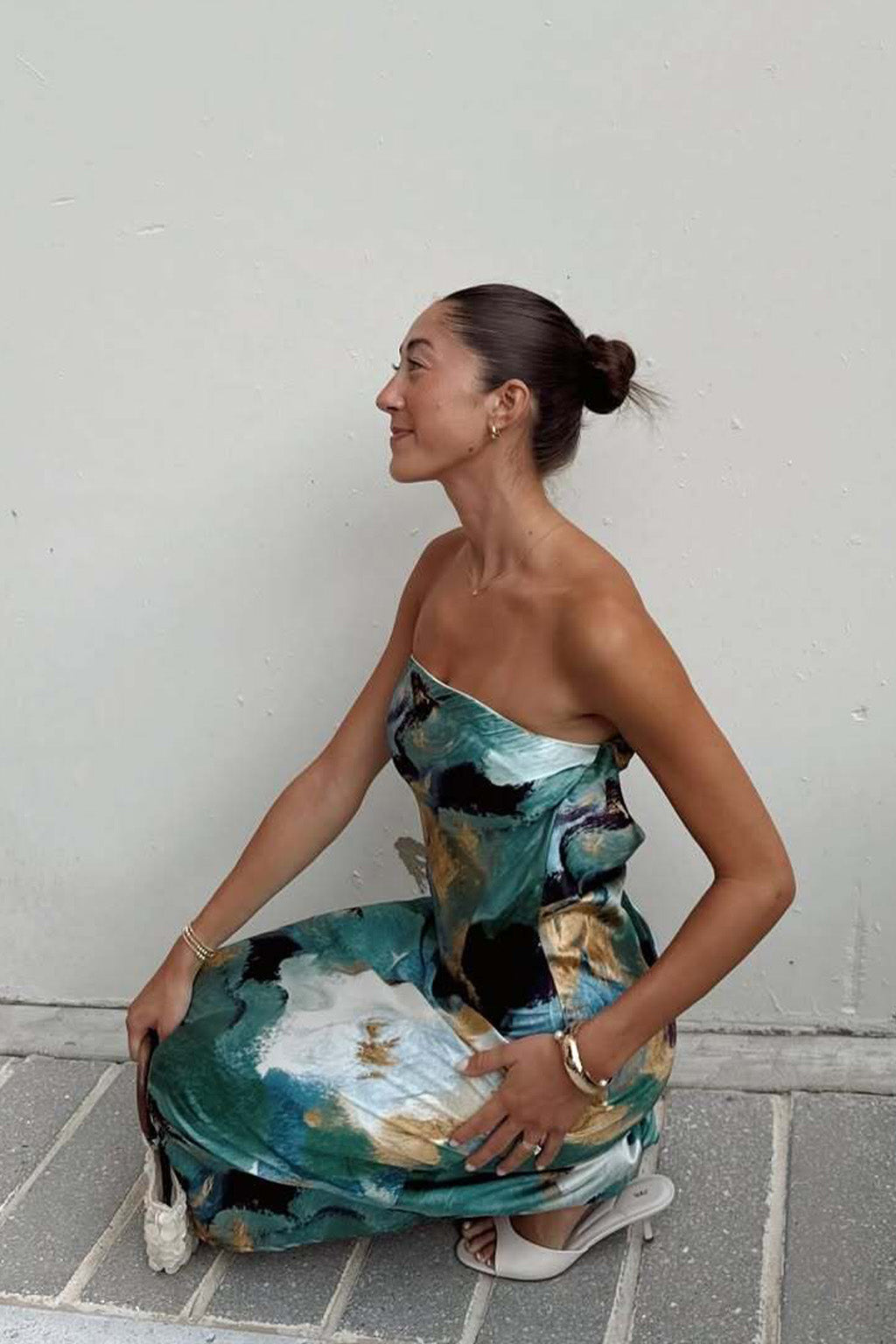 Natalia Blue and Gold Watercolor Strapless Maxi Dress - S Size - Women's Dresses