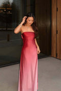 Strapless dress with elegant accents, an ombre maxi dress essential.