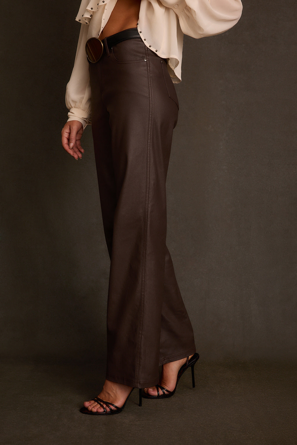 Women's pants side profile in mocha showing straight leg cut and coated finish