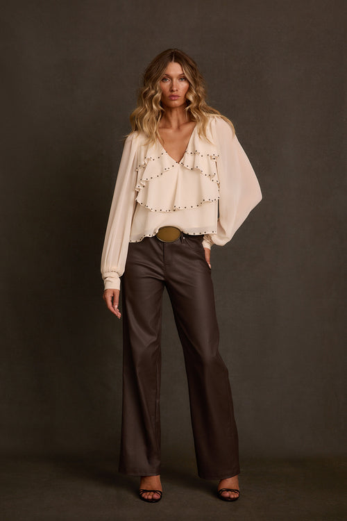 Straight leg pants in mocha front view showing coated sheen and high-rise fit