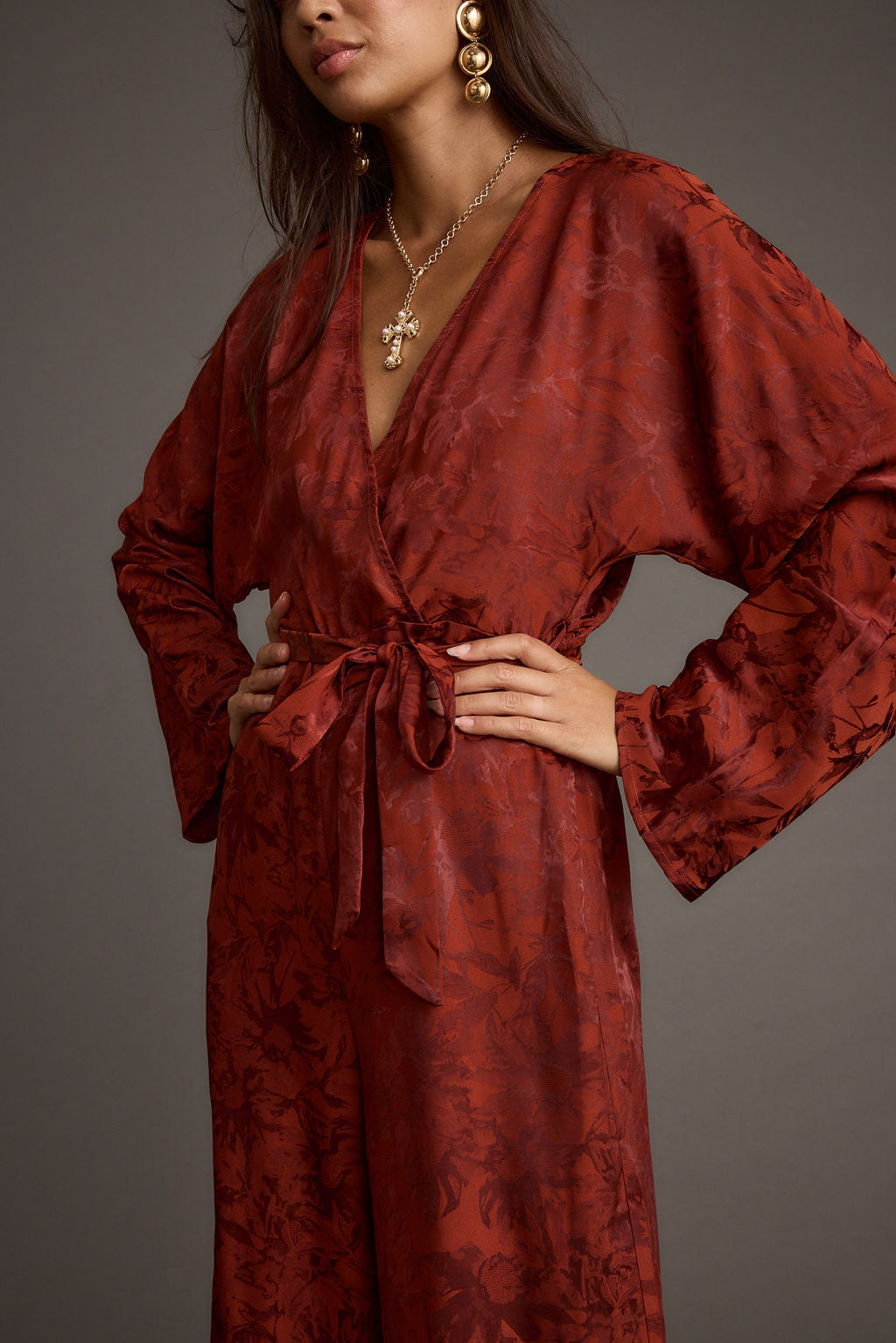 Noelle Cinnamon Satin Jacquard Jumpsuit