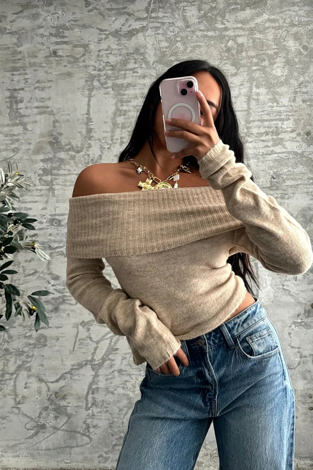 Nora Beige Off the Shoulder Sweater styled in a complete look from an alternate angle.