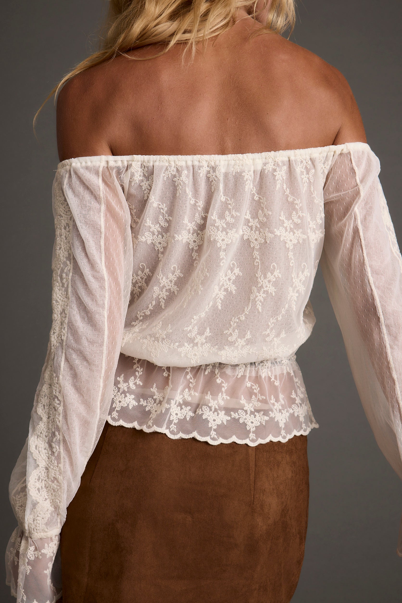 Additional view of the Norah Ivory Off Shoulder Top from a different perspective.