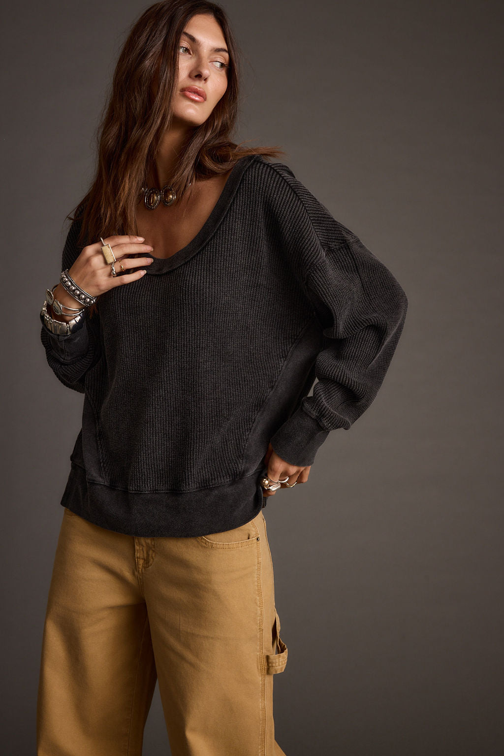 Not Your Ex's Washed Black Waffle Knit Top