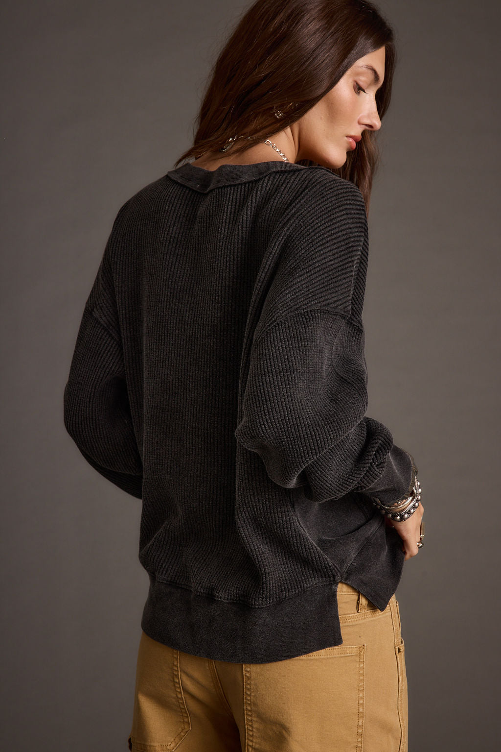 Not Your Ex's Washed Black Waffle Knit Top