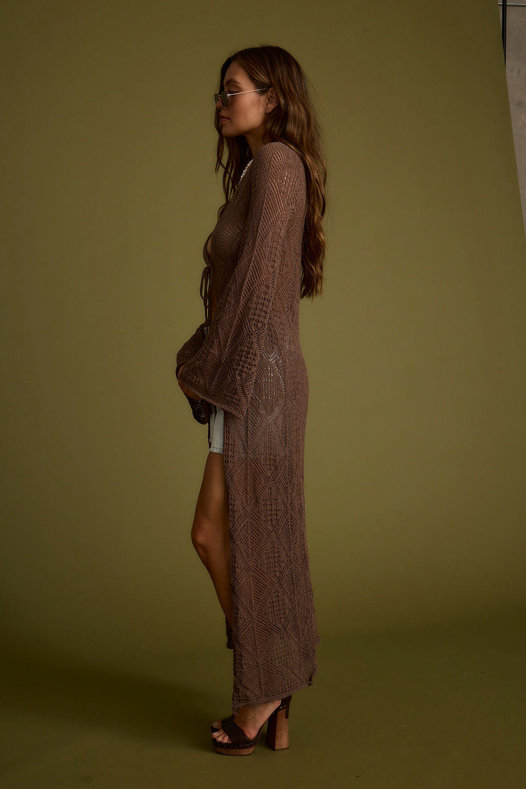 Oakley Mocha Knit Maxi Cardigan styled in a complete look from an alternate angle.