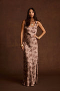 Orion Mocha Floral Satin Maxi Dress