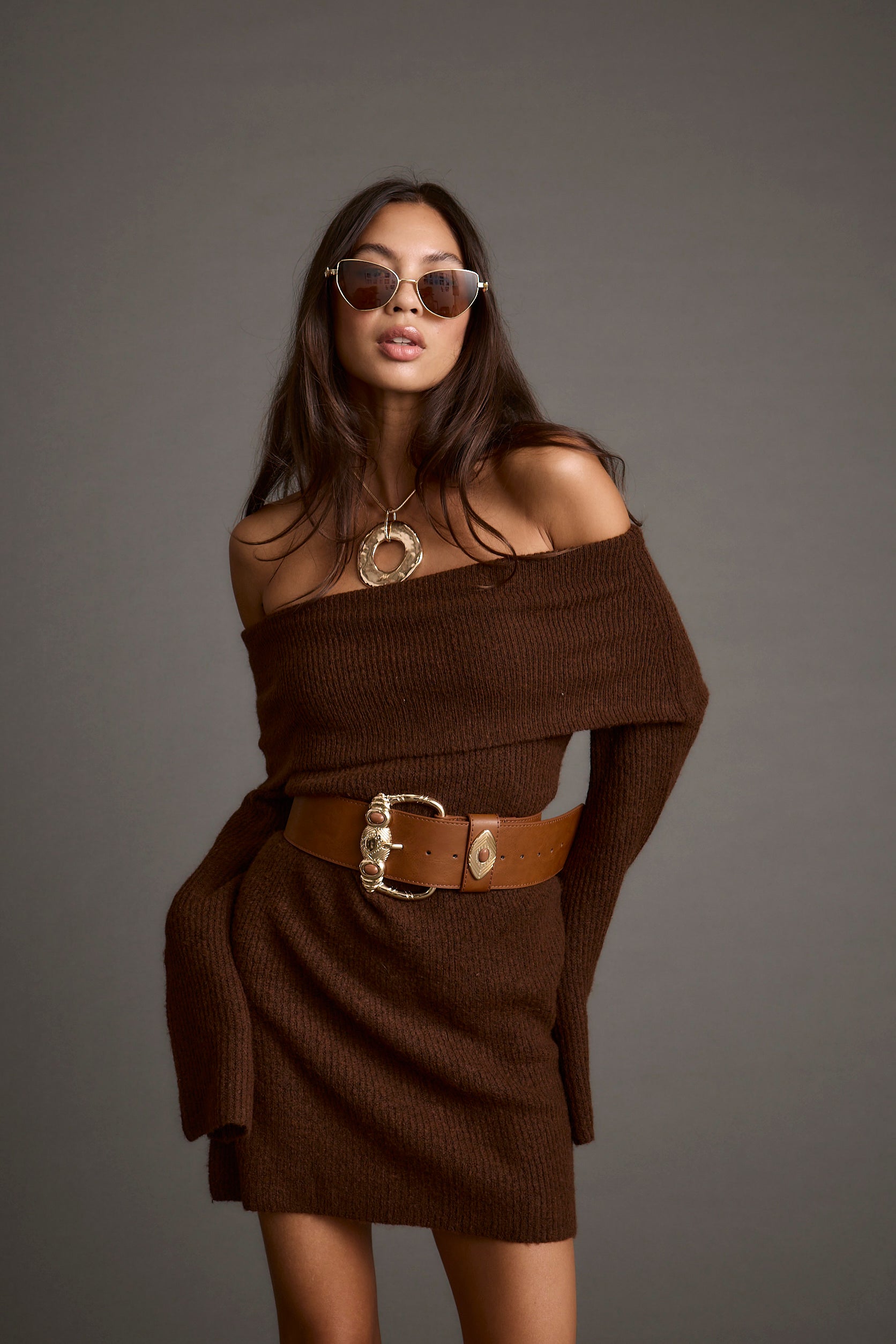 Olivia Cinnamon Off Shoulder Sweater Mini Dress
