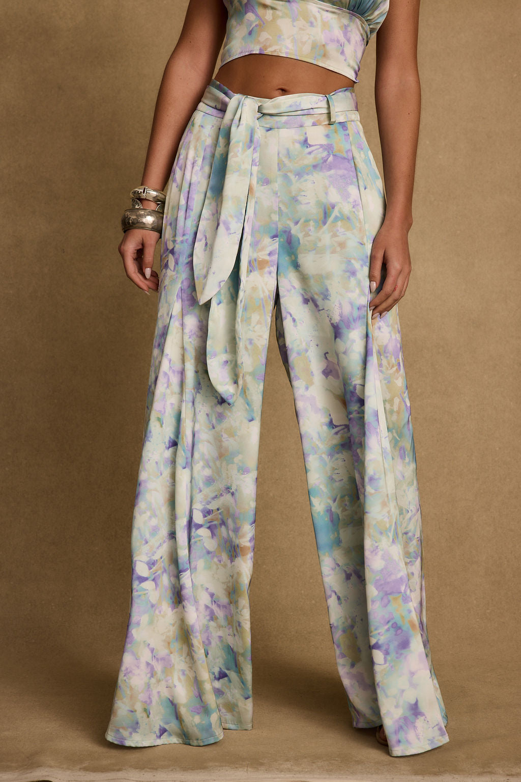 Picasso Blue Abstract Pants styled in a complete look from an alternate angle.