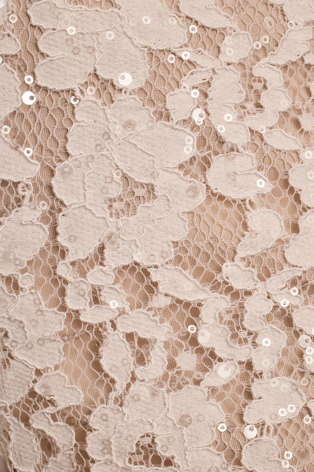 Close-up of the ivory floral lace fabric with scattered sequin embellishment over a nude lining.