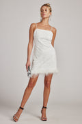 Sequin and feather mini dress with detailing and a flattering silhouette.