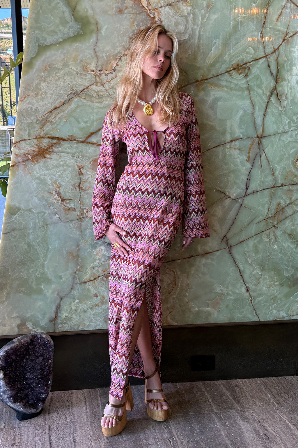 Palermo Pink Crochet Plunge Maxi Dress paired with complementary accessories for a polished look.