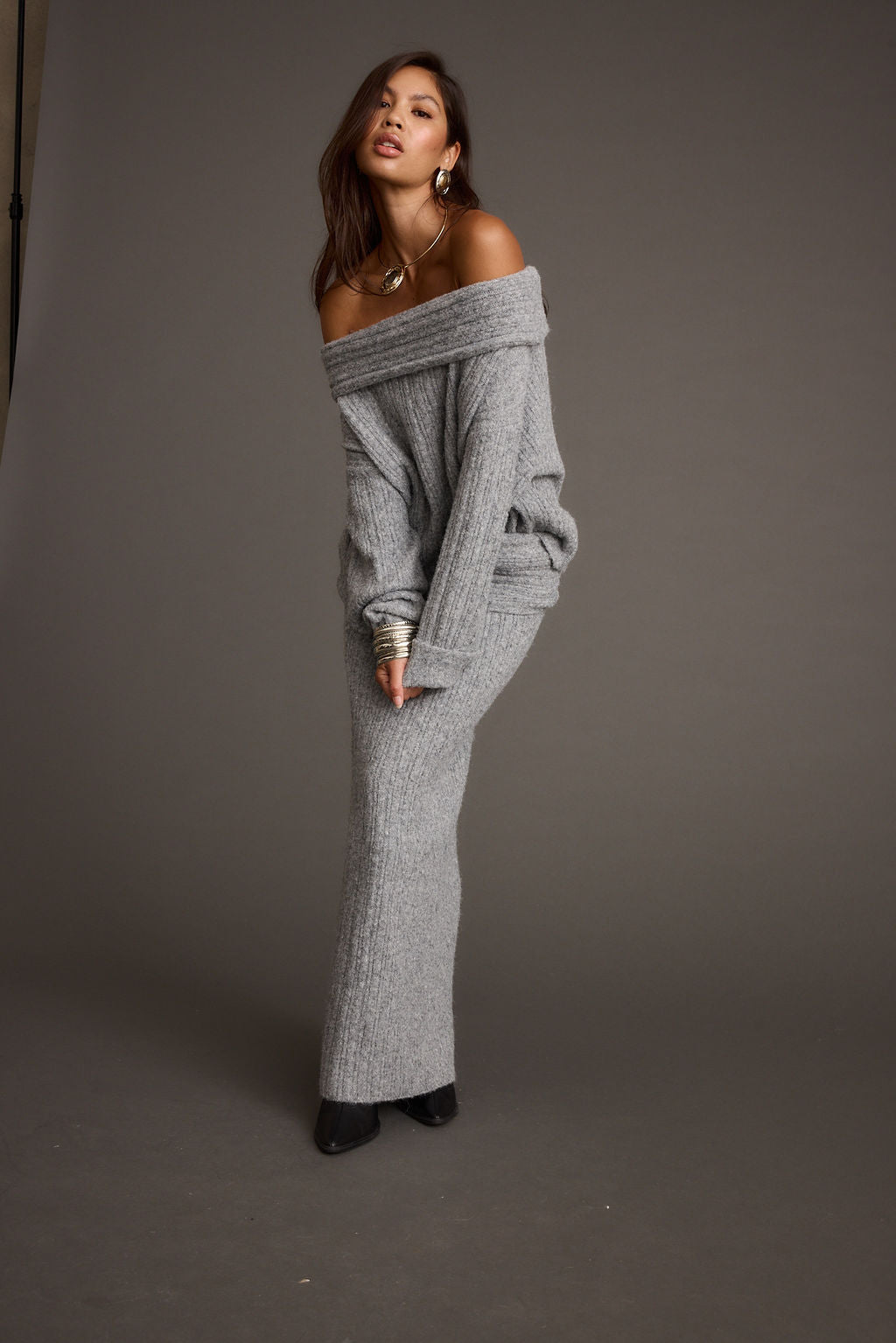 Detail shot of the Pamela Heather Grey Sweater Maxi Skirt highlighting the design elements.