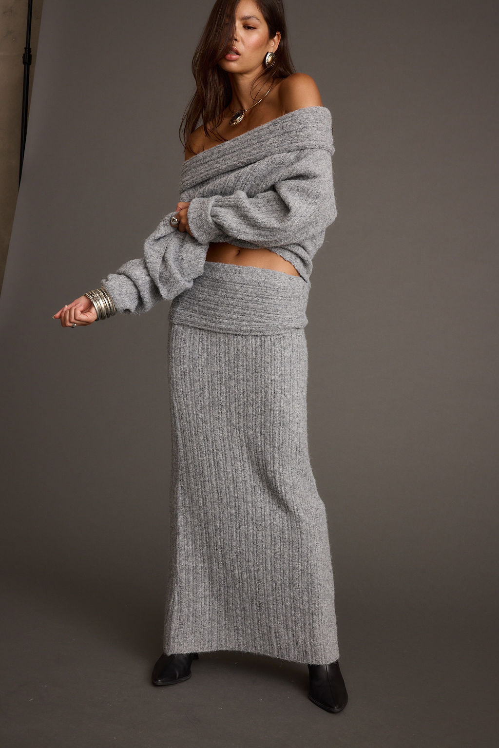 Pamela Heather Grey Sweater Maxi Skirt paired with complementary accessories for a polished look.