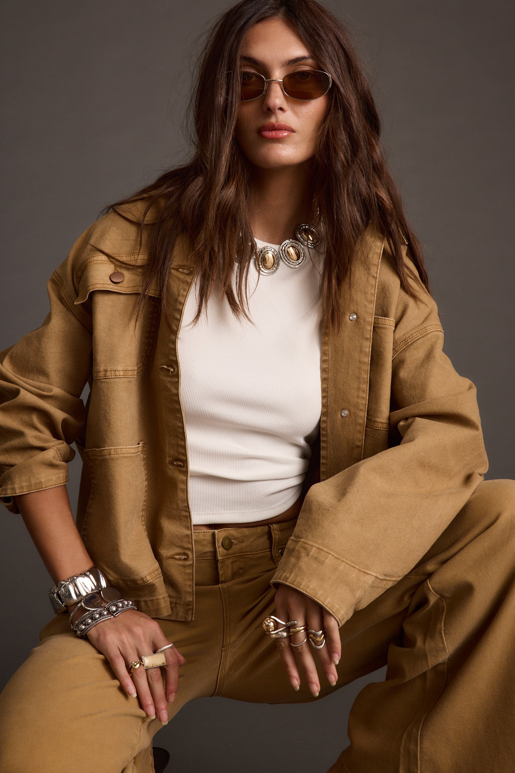 Alternate angle of the khaki barn jacket highlighting the overall design.