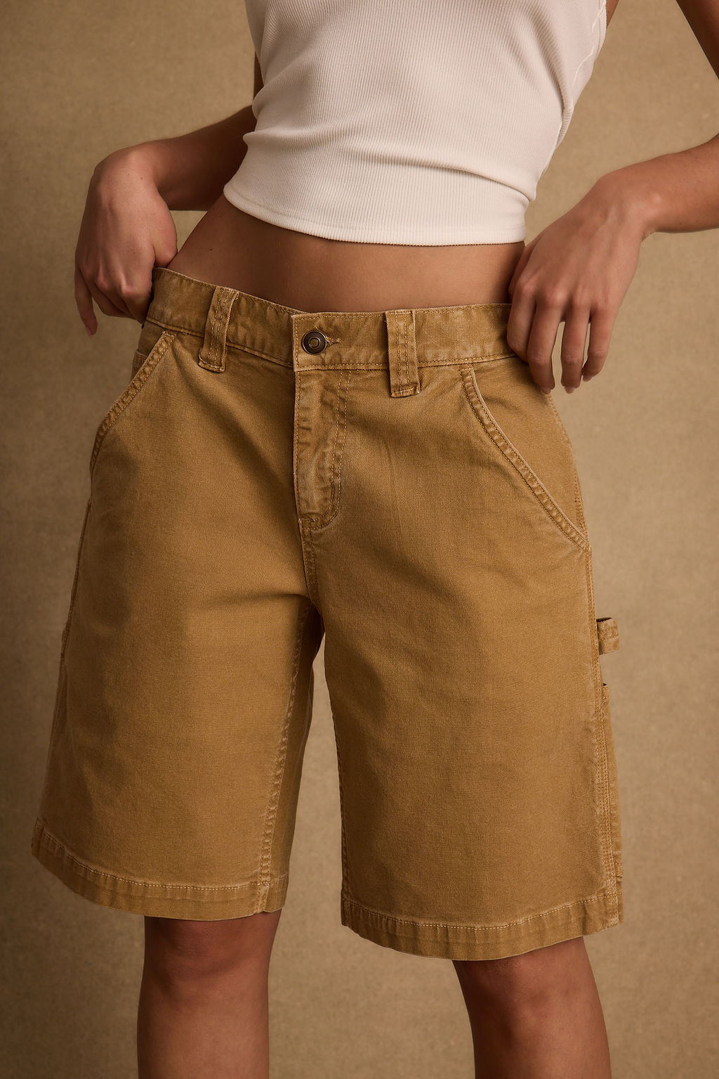 Detail shot of the Parker Khaki Low Rise Cargo Short highlighting the low-rise elements.