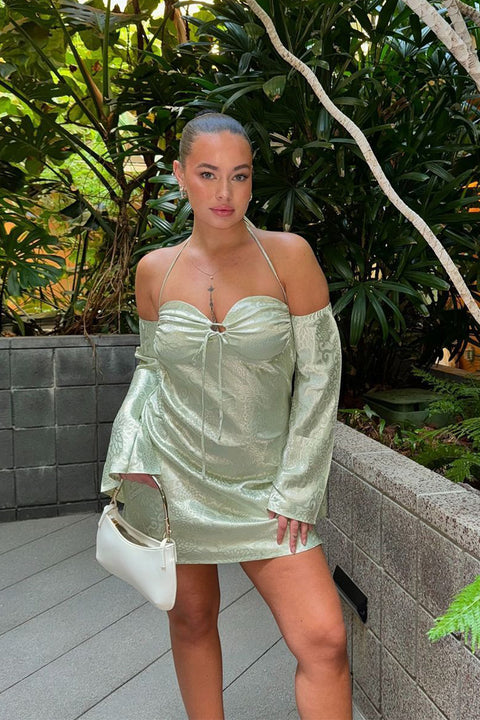 Pearlina Sage Printed Satin Mini Dress - S Size - Women's Dresses - 12th Tribe Pearlina Sage Printed Satin Mini Dress - S Size - Women's Dresses - 12th Tribe