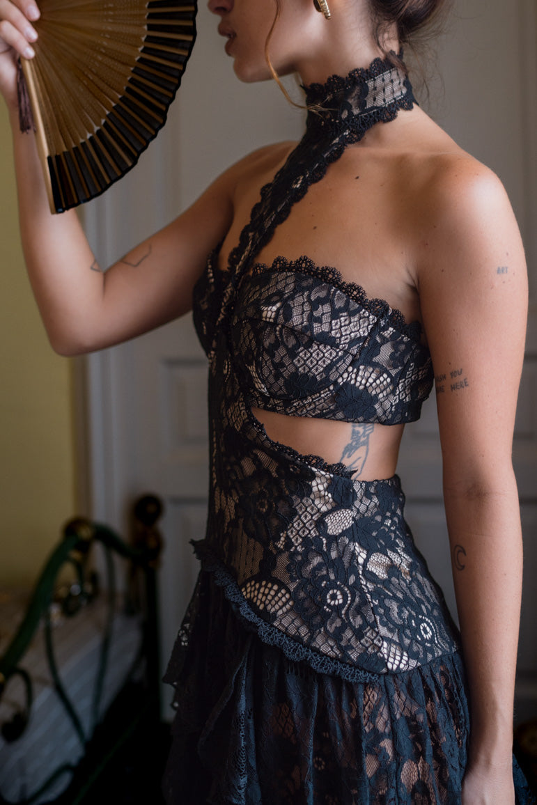 Additional view of the Princesa Black Lace Drop Waist Maxi Dress from a different perspective.