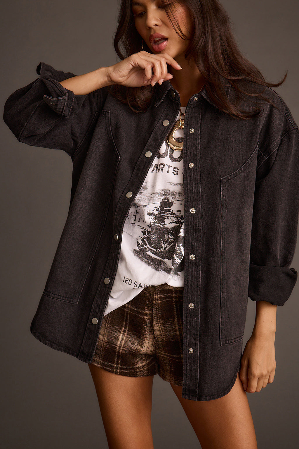 Rocky Washed Black Denim Button Down Top