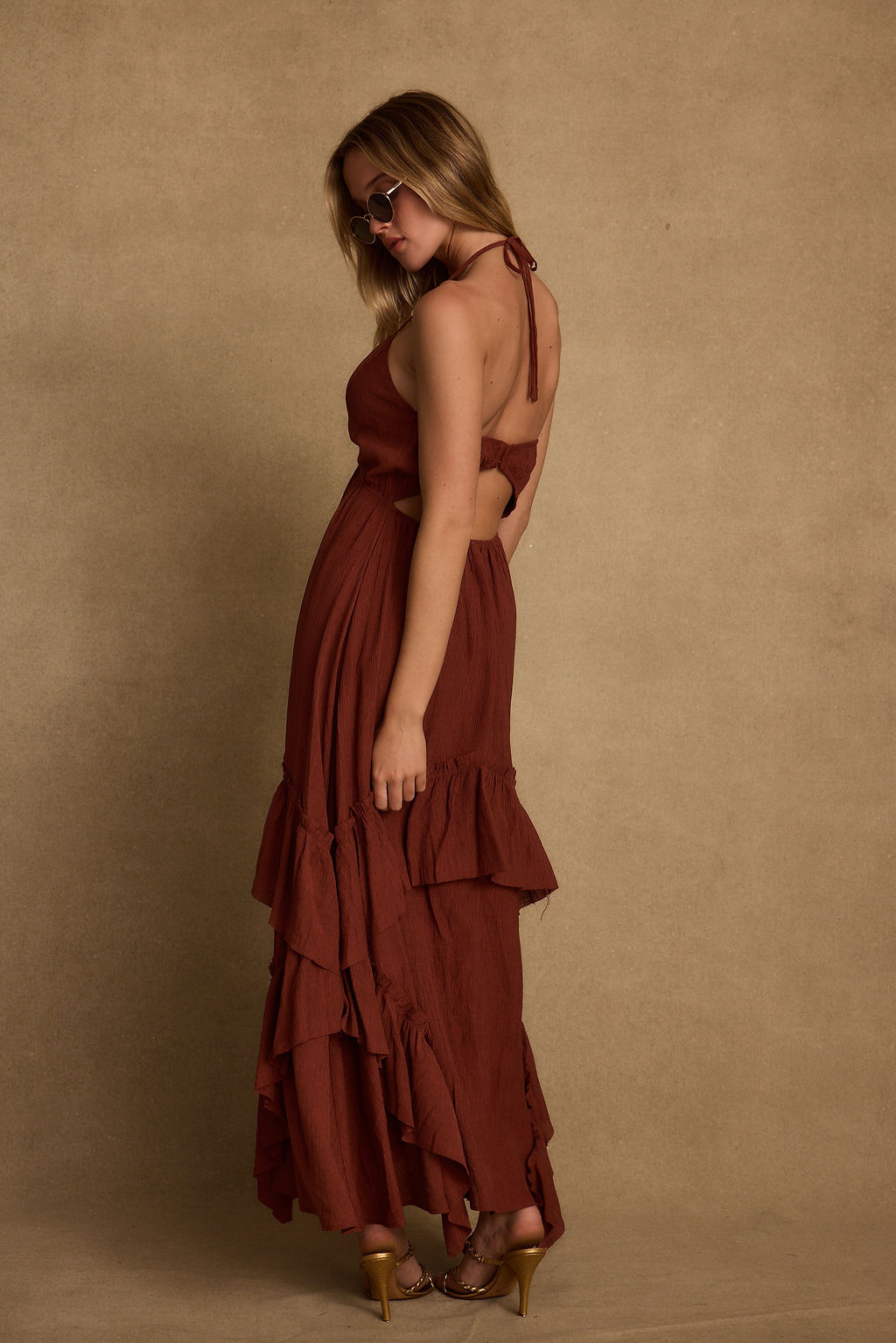 Rosamar Terracotta Ruffle Maxi Dress