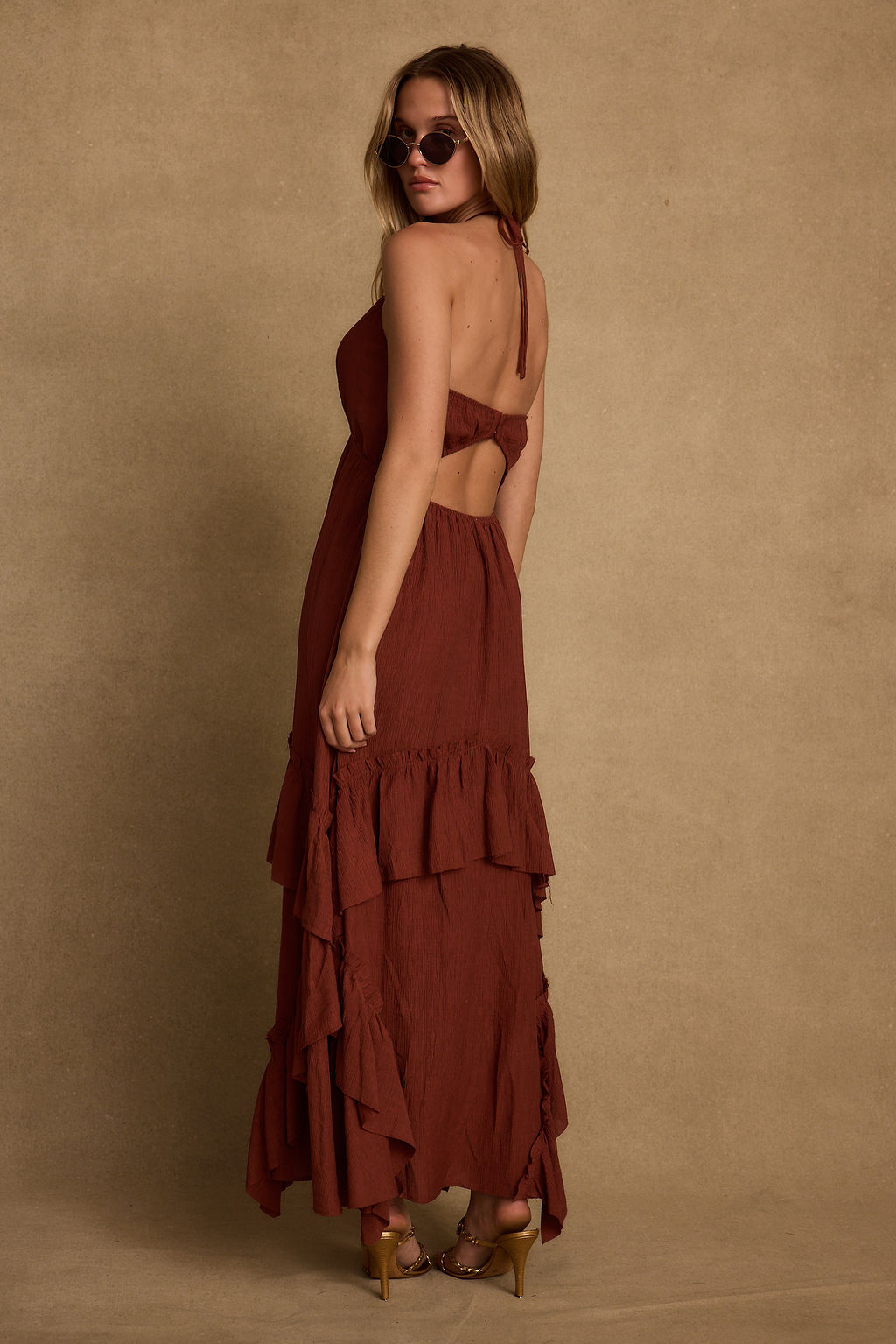 Rosamar Terracotta Ruffle Maxi Dress