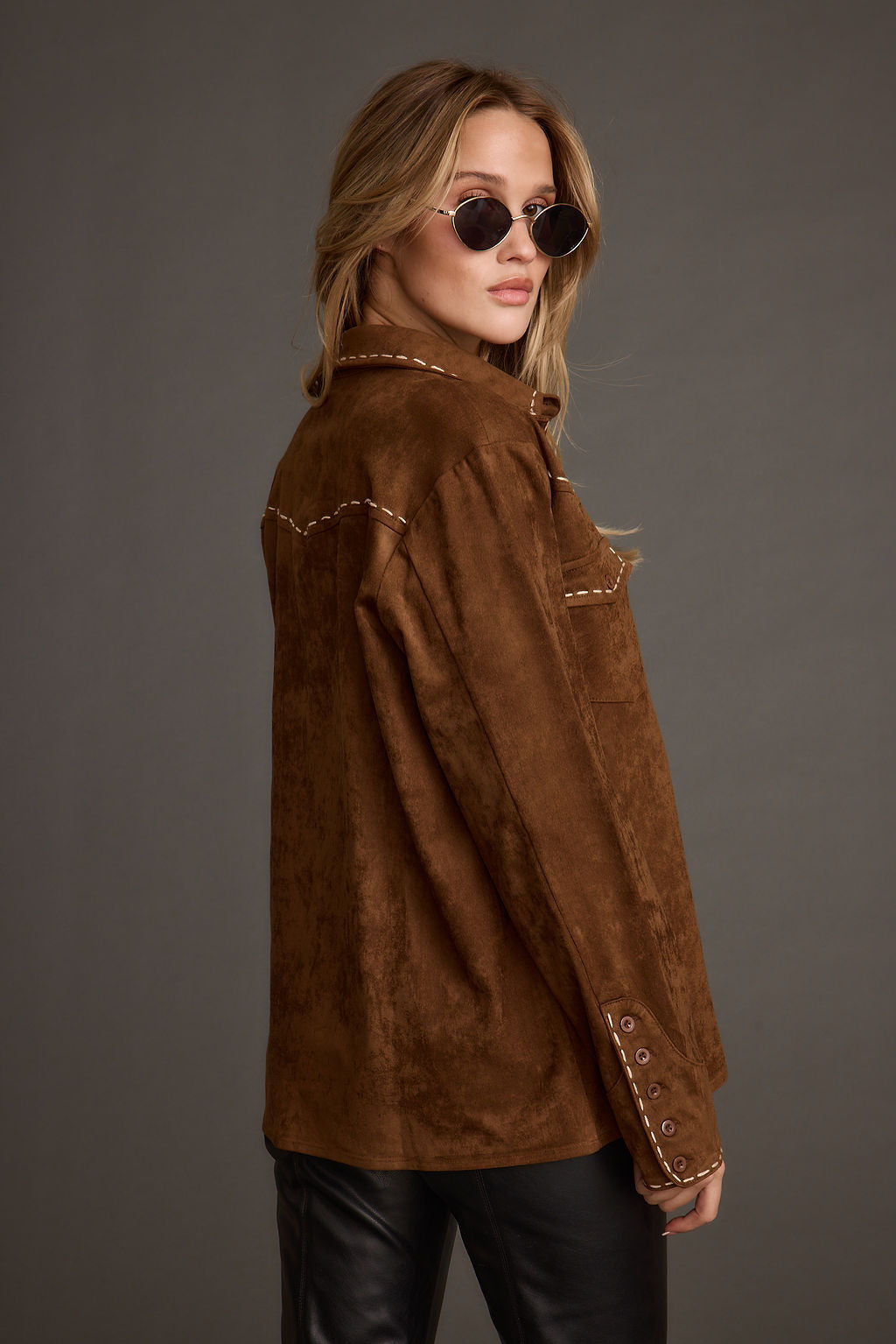 Rustic Pines Brown Suede Button Down Top