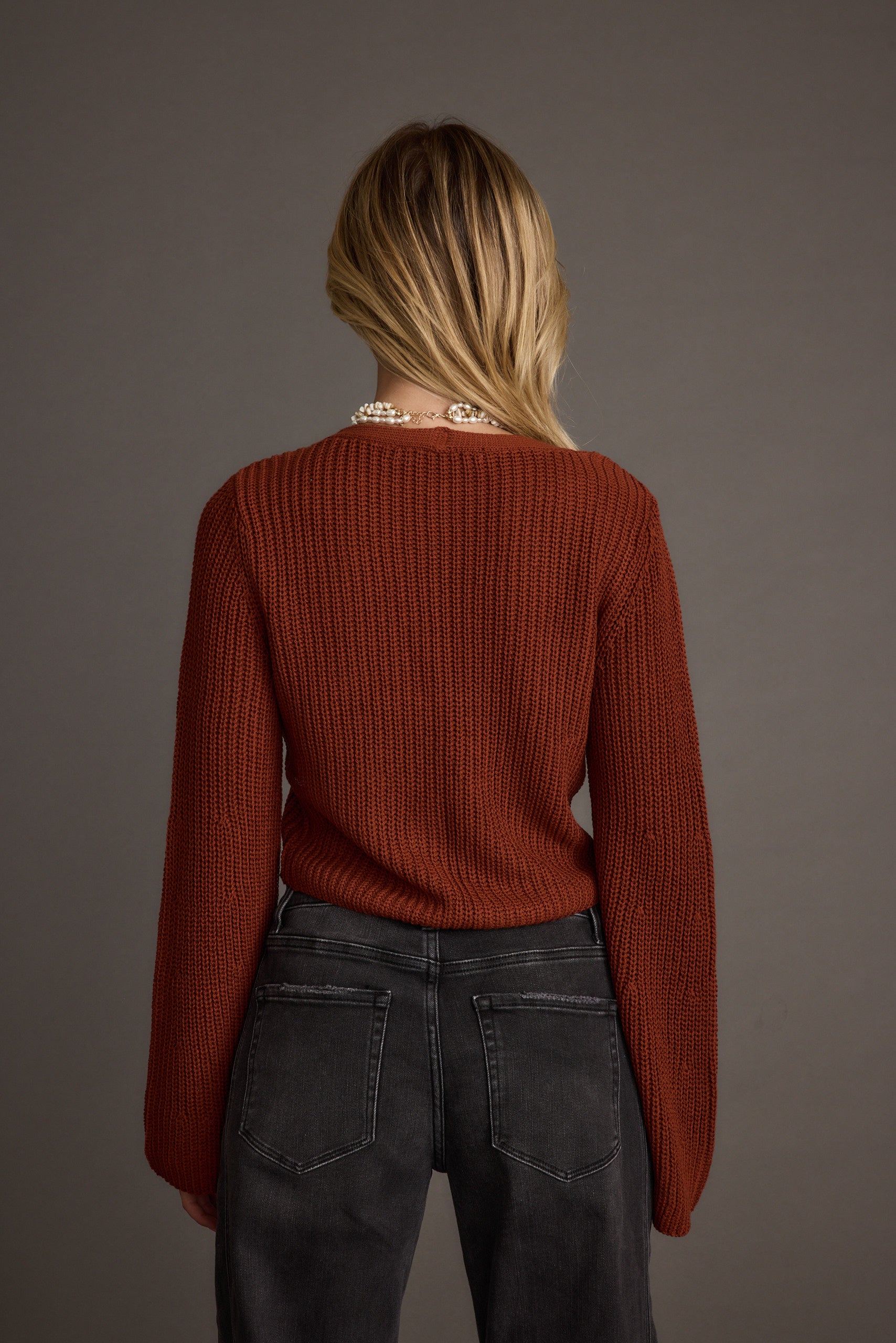 Fawn Rust Long Sleeve Split Front Knit Top