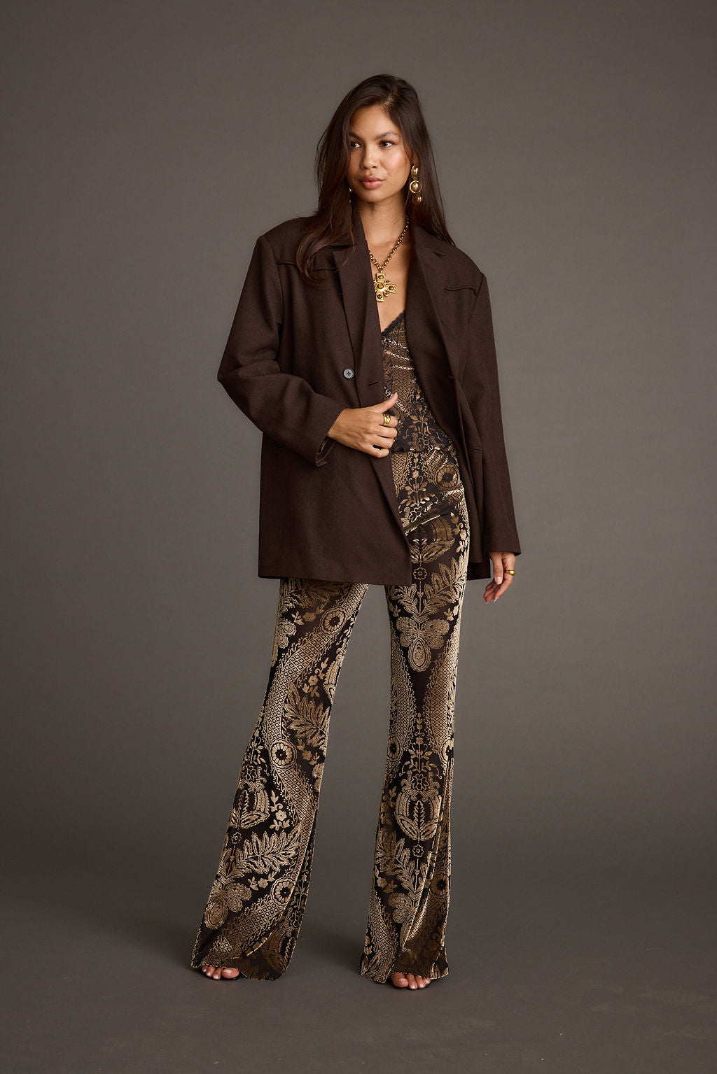 Rebel Brown Belted Double Breasted Blazer paired with complementary accessories for a polished look.