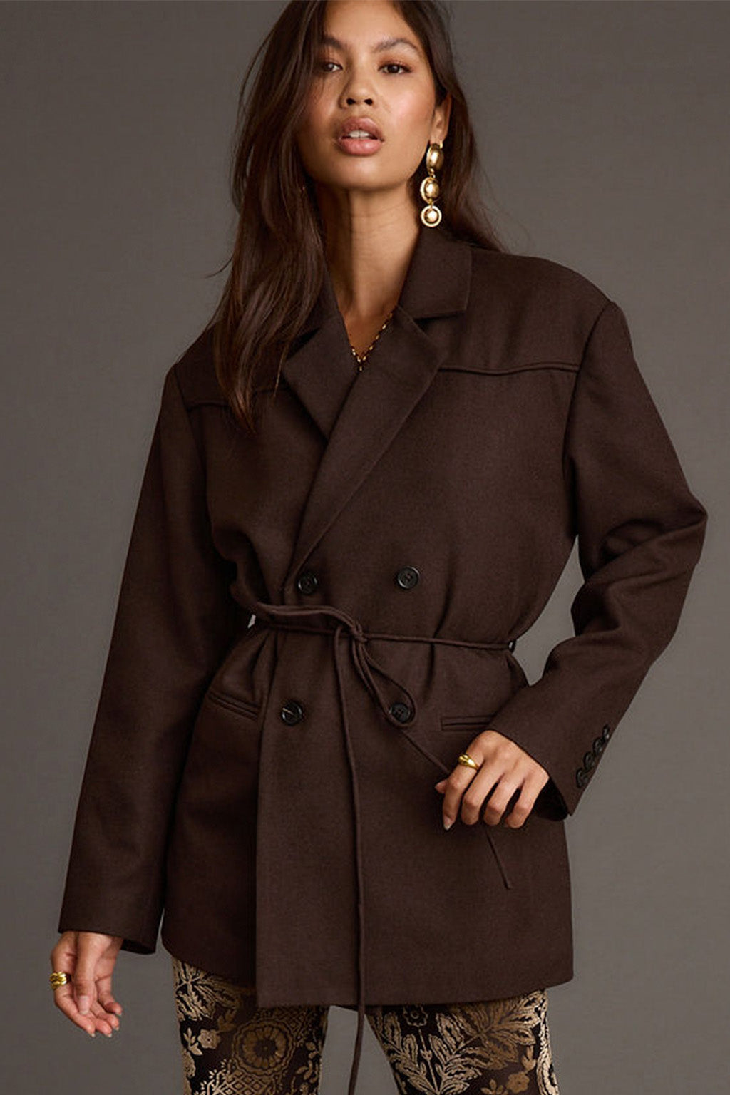 Close-up of the Rebel Brown Belted Double Breasted Blazer showcasing the fabric texture and design details.